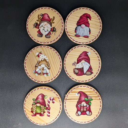 Ensemble de sous-verres de Noël festifs avec support - 6 sous-verres en bois dur • Cadeau d'hôtesse des Fêtes