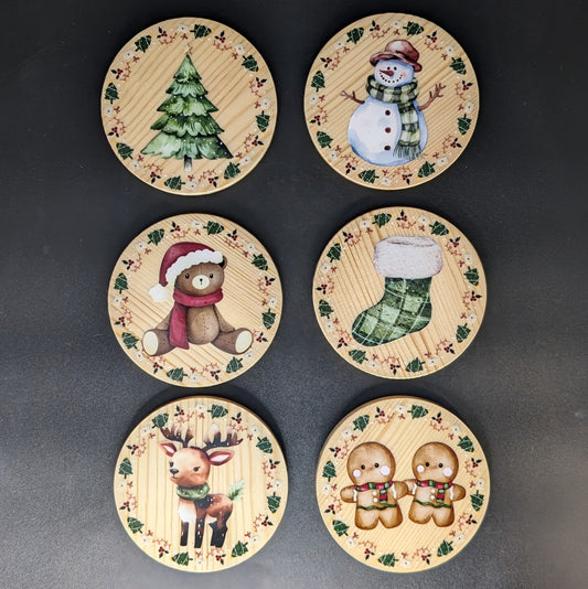 Ensemble de sous-verres de Noël festifs avec support - 6 sous-verres en bois dur • Cadeau d'hôtesse des Fêtes