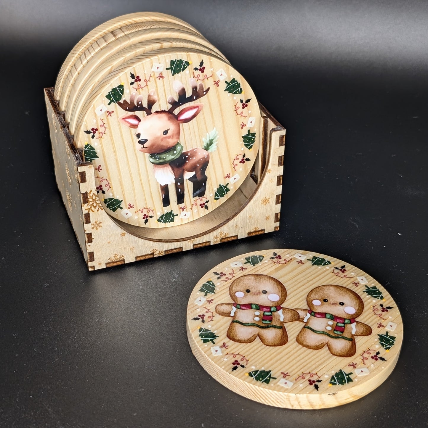 Ensemble de sous-verres de Noël festifs avec support - 6 sous-verres en bois dur • Cadeau d'hôtesse des Fêtes