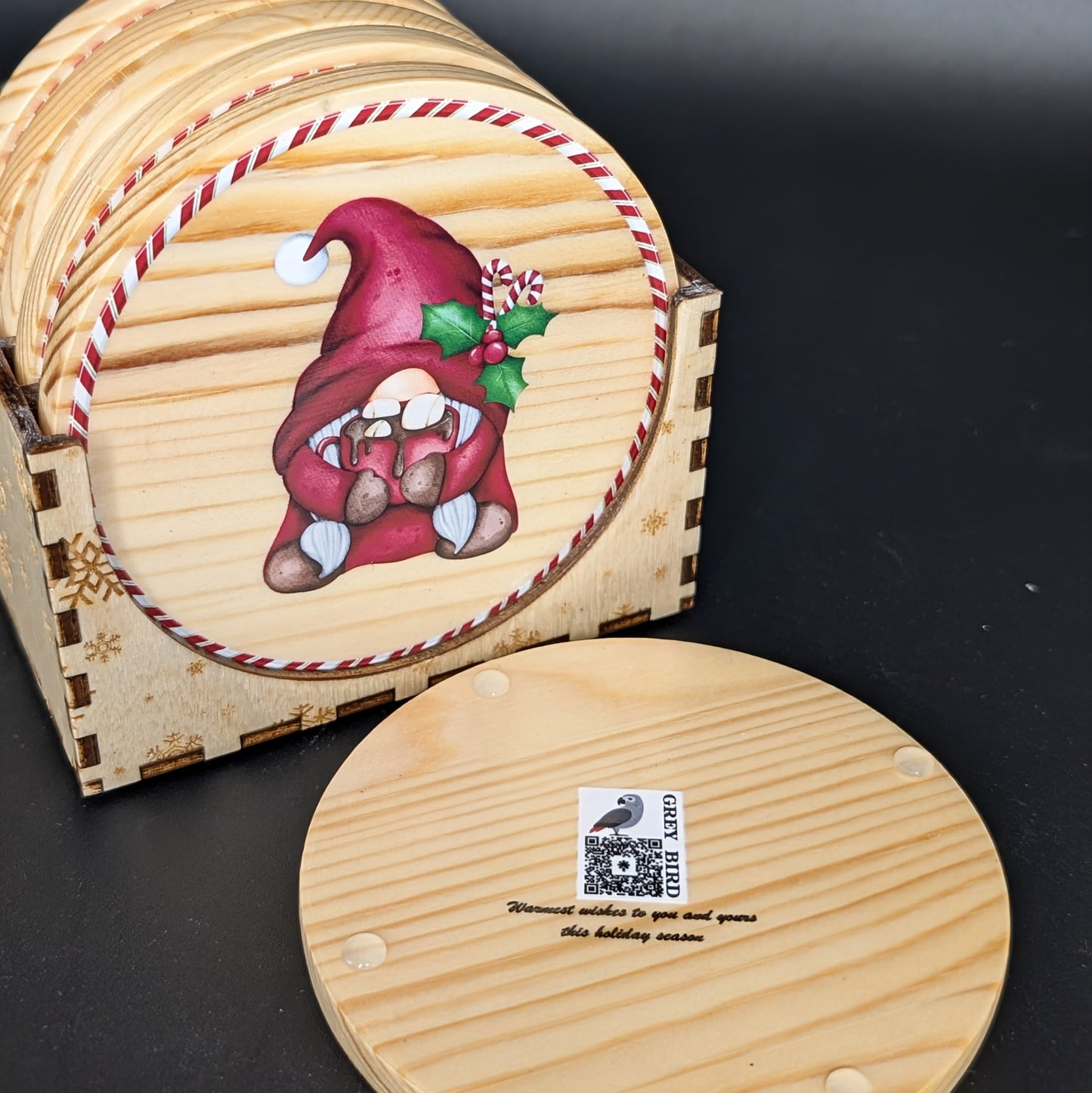 Ensemble de sous-verres de Noël festifs avec support - 6 sous-verres en bois dur • Cadeau d'hôtesse des Fêtes