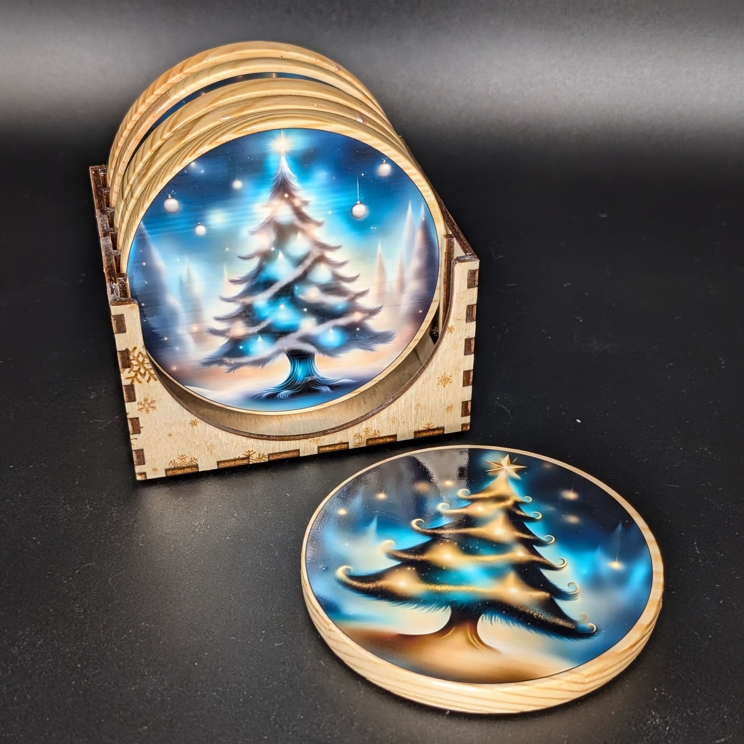 Ensemble de dessous de verre en forme de sapin de Noël enchanteur + présentoir | 6 dessous de verre en bois pour la joie des fêtes