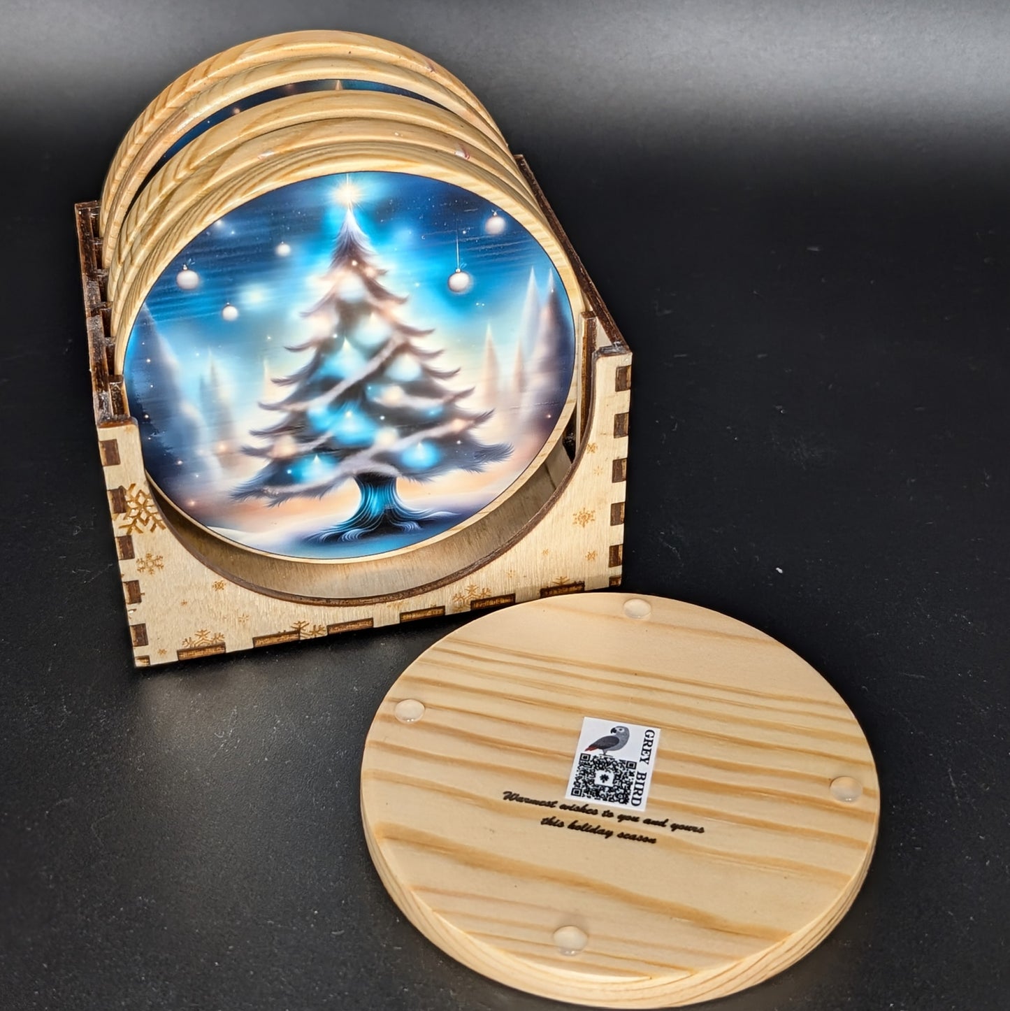 Ensemble de dessous de verre en forme de sapin de Noël enchanteur + présentoir | 6 dessous de verre en bois pour la joie des fêtes