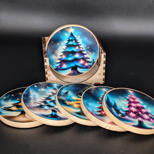 Ensemble de dessous de verre en forme de sapin de Noël enchanteur + présentoir | 6 dessous de verre en bois pour la joie des fêtes