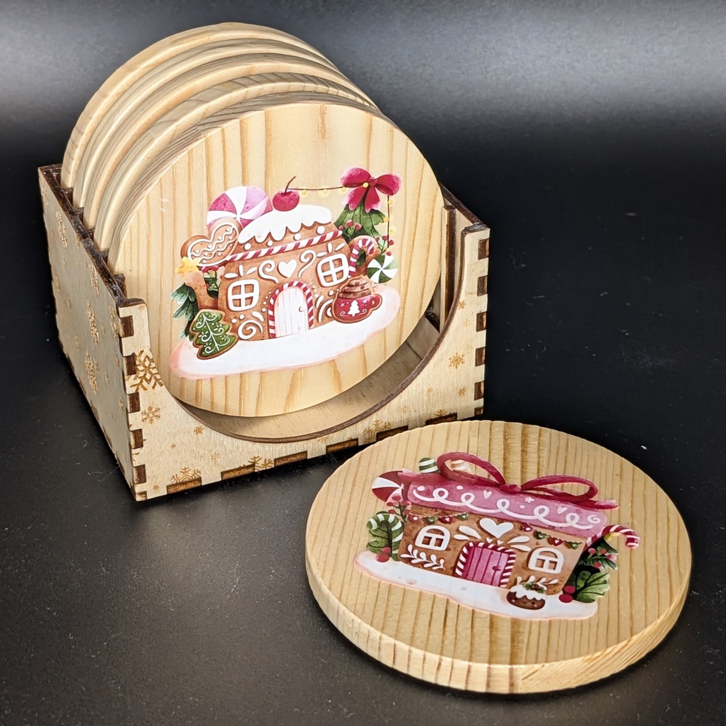 Ensemble de sous-verres en pain d'épices festifs de Noël avec support - 6 sous-verres en bois dur • Cadeau d'hôtesse des Fêtes