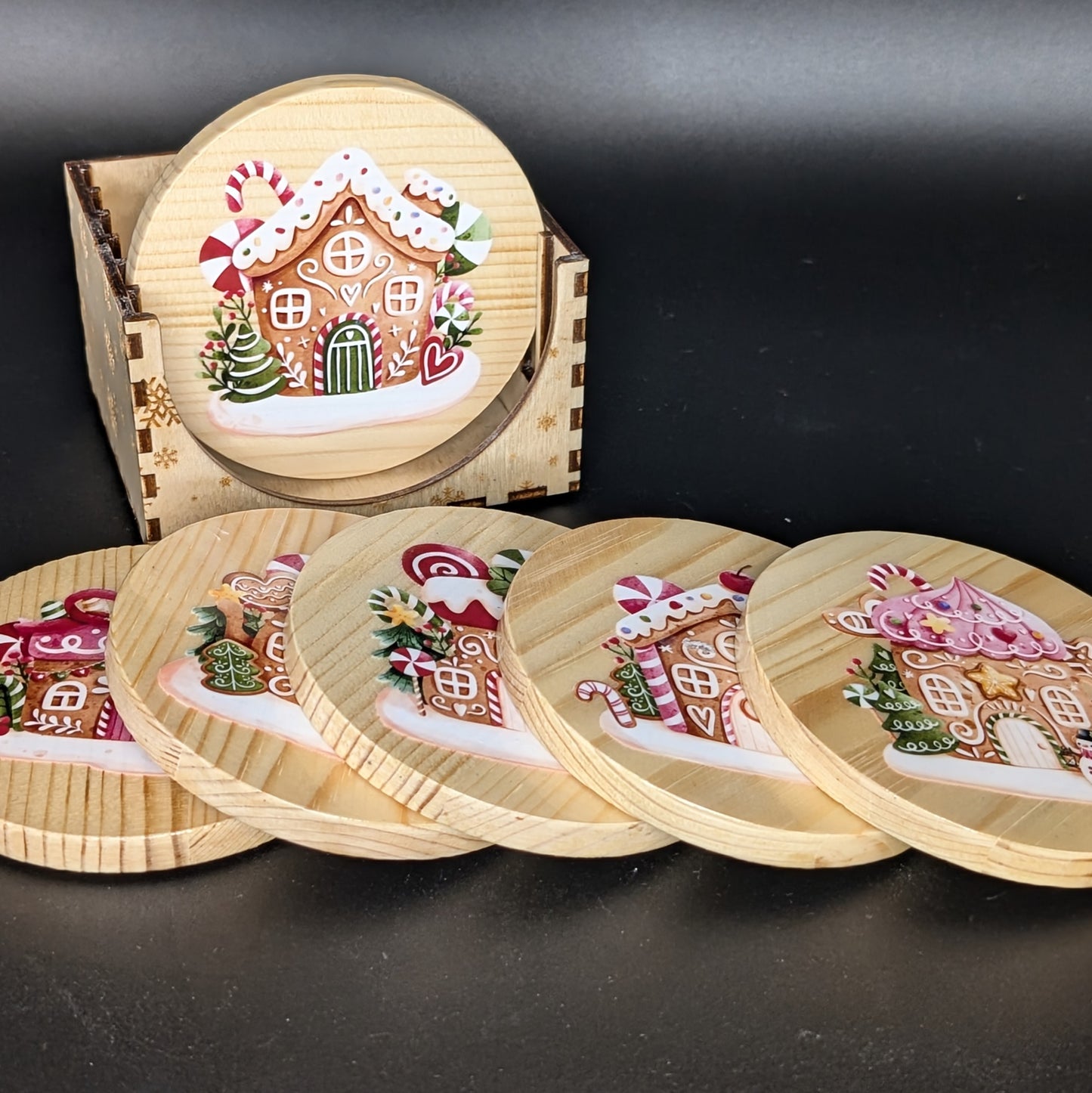 Ensemble de sous-verres en pain d'épices festifs de Noël avec support - 6 sous-verres en bois dur • Cadeau d'hôtesse des Fêtes