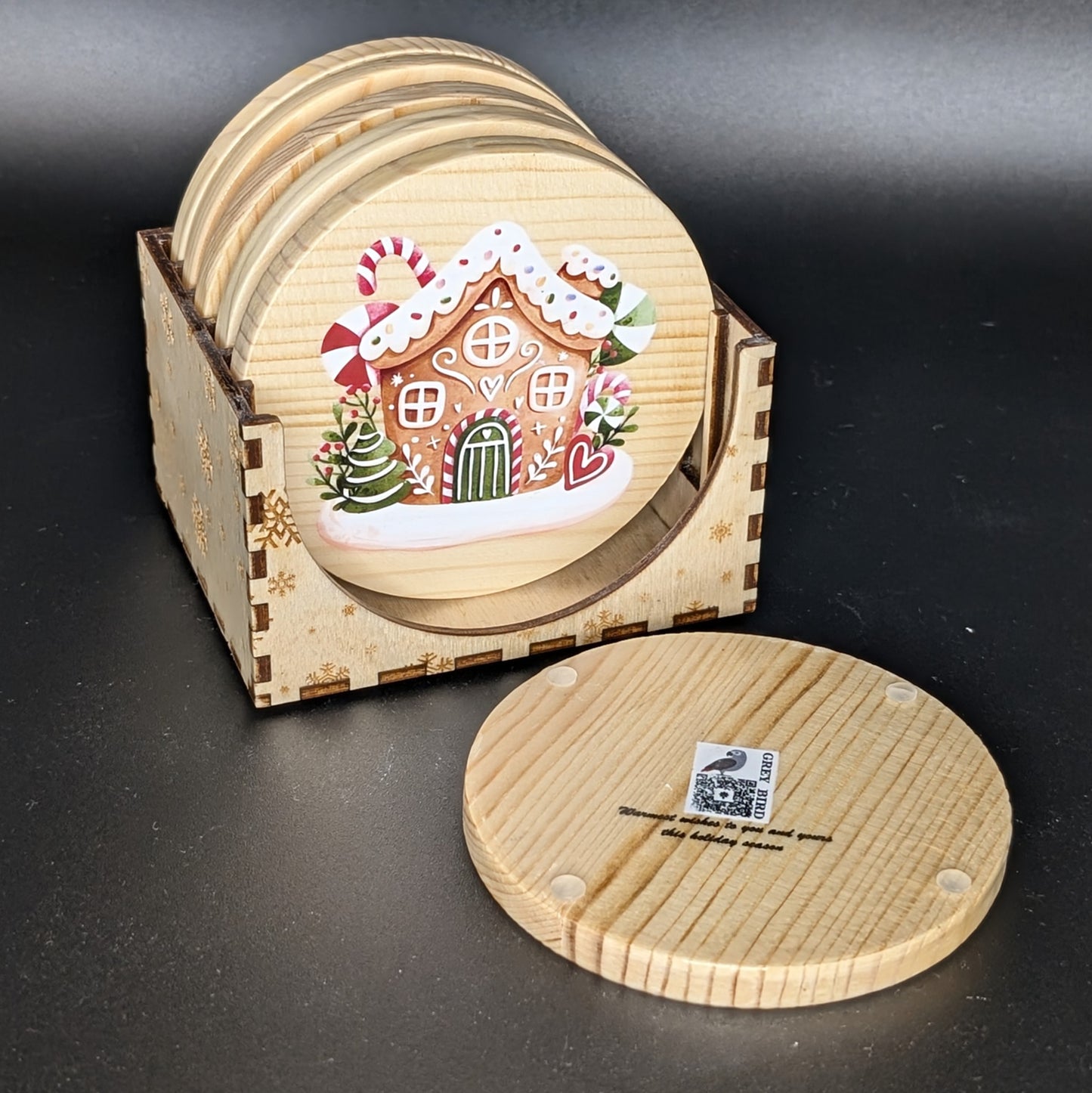 Ensemble de sous-verres en pain d'épices festifs de Noël avec support - 6 sous-verres en bois dur • Cadeau d'hôtesse des Fêtes