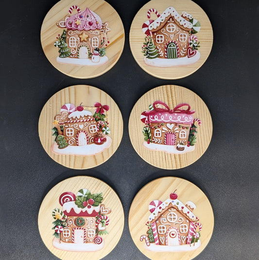 Ensemble de sous-verres en pain d'épices festifs de Noël avec support - 6 sous-verres en bois dur • Cadeau d'hôtesse des Fêtes